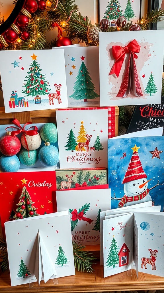A collection of creative Christmas cards featuring diverse designs on a festive background.